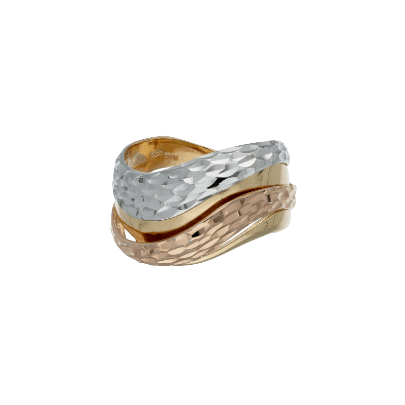 Anello Oro 18 kt Donna tre colori a fascia martellato a onde