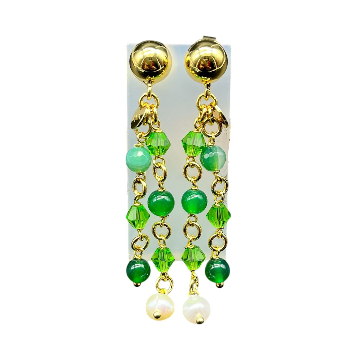 Orecchini  Muse acciaio dorato Perle, Giada e Cristalli Verdi