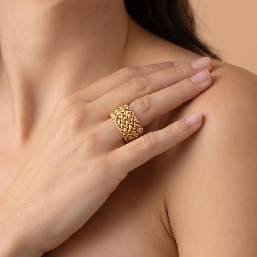 Anello a Fascia Maglia Grana di Riso Placcato Oro 18Kt mis 18