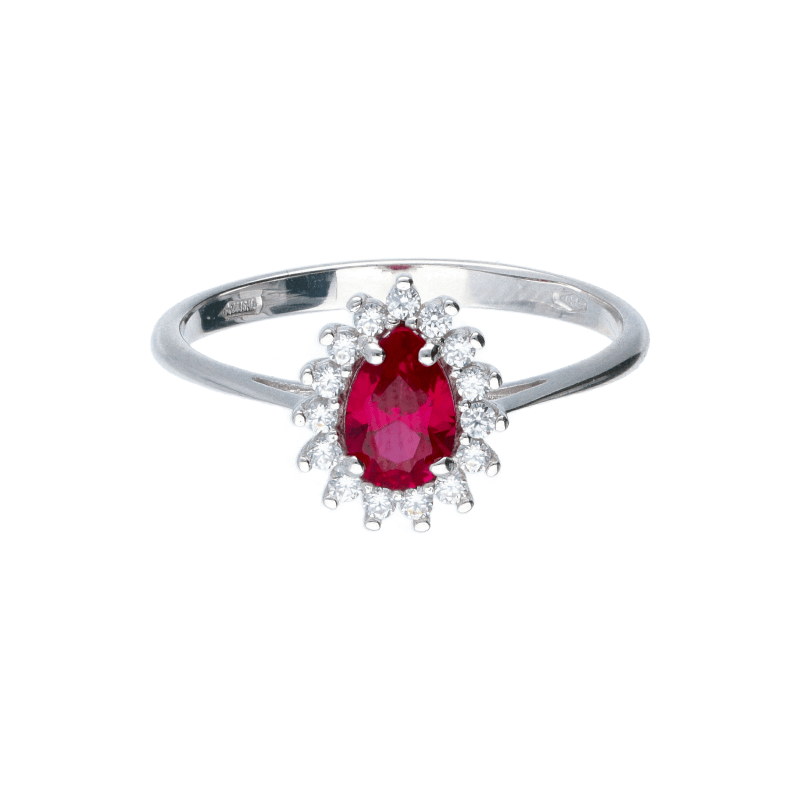 Anello Oro 18 kt Donna bianco con Zircone rosso a Goccia