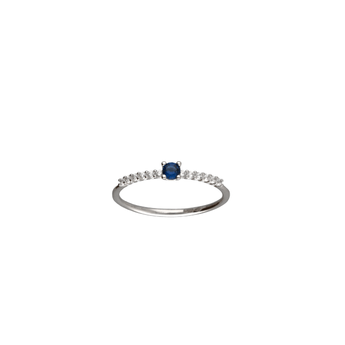Anello Oro 18 kt Donna solitario zircone blu con discesina zirconi bianchi