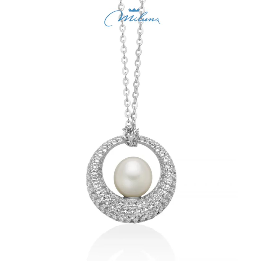 Collana Miluna Venere con pendente perla Oriente e pavé topazi bianchi