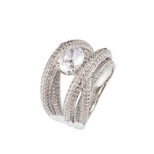 Anello Sovrani aperto in ottone finitura rodio e zirconi