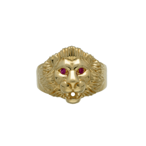 Anello Oro 18 kt Uomo testa di leone con zirconi fucsia