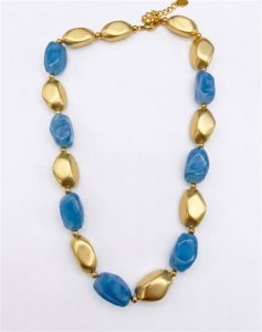Collana Amen Acciaio Dorato con Pietre Idrotermali Azzurre
