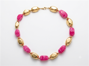 Collana Amen Acciaio Dorato con Pietre Idrotermali Fucsia