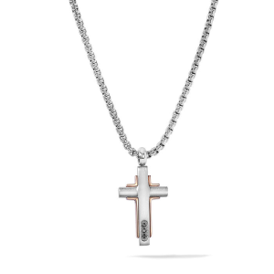 Collana Comete Croce in acciaio, pvd rosè e zirconi neri